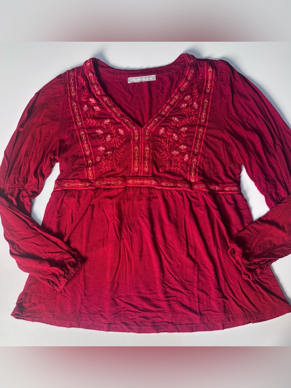 Daniel Rainn Boho-Chic Red Embroidered V-Neck Tunic
